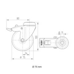 Zwenkwiel 75mm met rem - Zwart